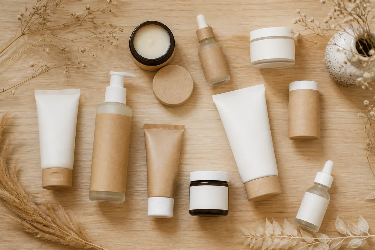 Étiquettes de cosmétiques naturels portant des logos de certification