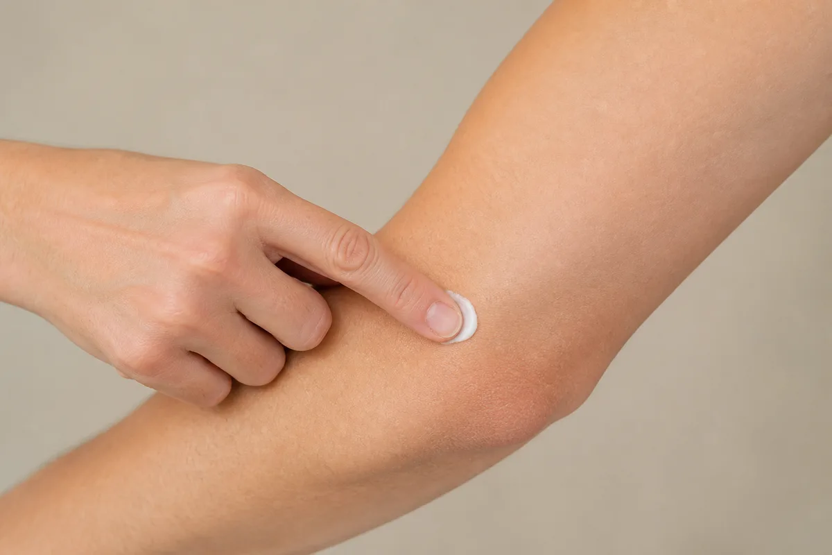 Application d&rsquo;une petite quantité de soin naturel au pli du coude pour un test cutané