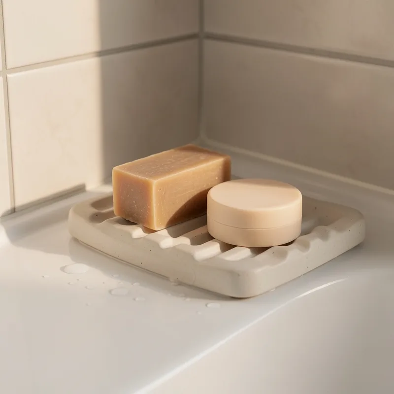 Savon saponifié à froid et shampoing solide posés sur un porte-savon en céramique près d&rsquo;un lavabo